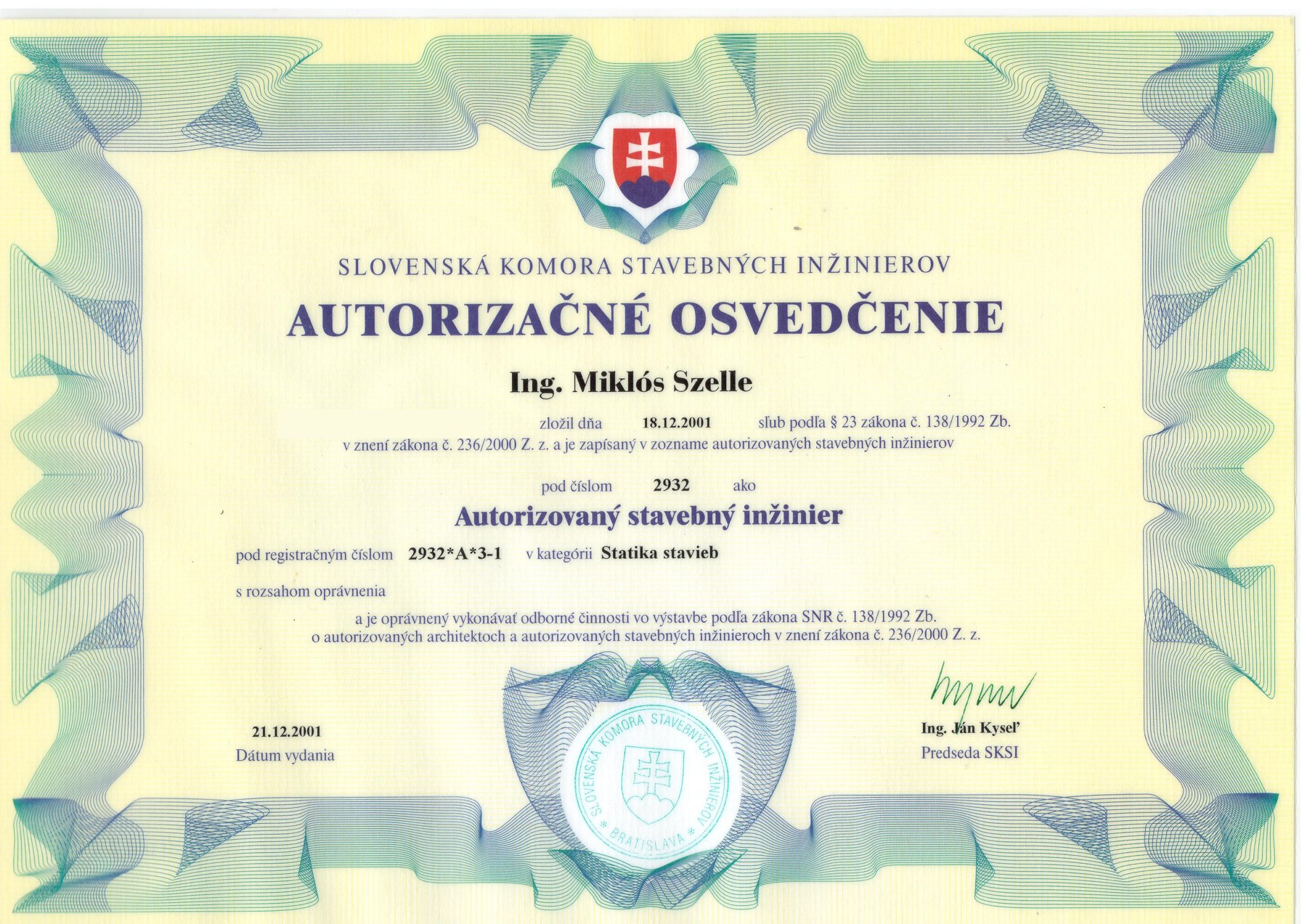Ing. Miklós Szelle — Autorizovaný stavebný inžinier